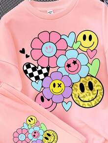 SHEIN Leap Crew Tween Girl 2pcs/Set Smiling Face, Leopard Print, Heart, Floral Pattern Autumn Casual Loose Fit Crew Neck Thick Sweatshirt & Pants Outfit - Pink - View 6