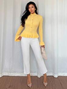 Rafferiza Women's Soft Yellow Cardigan,Autumn Elegant Tea Party Turtleneck Long Sleeve Ruffle Trim Fitted Button-Front Casual Commuting Business Office Daily - Yellow - View 5