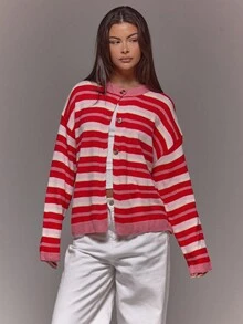 MUSERA 超大款纽扣落肩针织条纹套头衫，复古、可爱、乡村、田园风，女士休闲居家服，奶油糖色，冬日晚装 - 玫紅色 - 查看 5