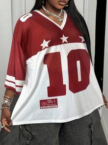 SHEIN CURVE+ Plus Size Women's Spring/Summer Streetwear Couple's Casual V-Neck Off Shoulder Letter Print Plus Size Casual Sports T-Shirt - Red - View 6