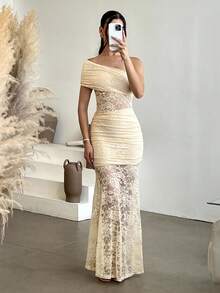 Andrea Bello Elegantes Damen Kleid mit Spitze, asymmetrischem Kragen und einfarbig