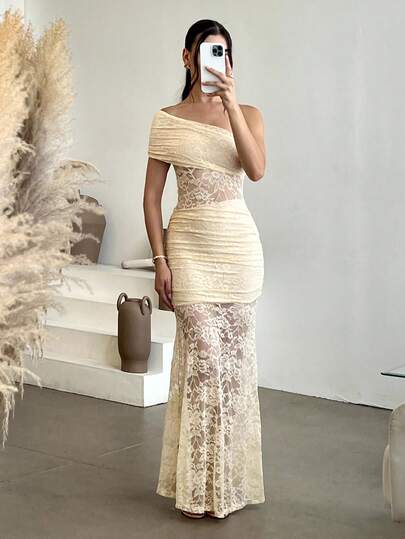 Andrea Bello 女士优雅纯色蕾丝不对称领连衣裙