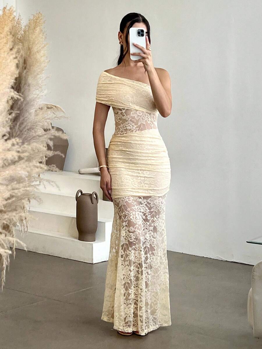 Andrea Bello Elegantes Damen Kleid mit Spitze, asymmetrischem Kragen und einfarbig