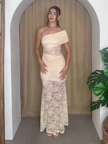 Andrea Bello Elegantes Damen Kleid mit Spitze, asymmetrischem Kragen und einfarbig