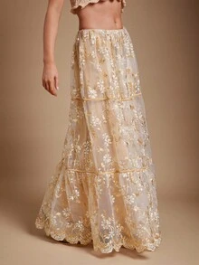 WESTFADE Saia Longa Fluida com Babados, Cintura com Cordão, Bordado Floral em Tule, Uso no Outono, Inverno, Estilo Ocidental para Mulheres, Boho Cowgirl - Branco - Visão 5