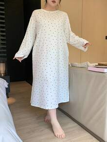 Dazy Plus Camisón recto de manga larga y cuello redondo con ajuste holgado y estampado de lunares, ropa de dormir casual para mujer de talla grande, cómoda, para otoño e invierno, Camisón tipo "Moo Moo" - Albaricoque - Ver 3