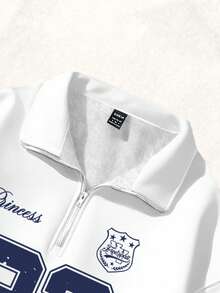 SHEIN EZwear Women's Back To School, 23 Vintage Pattern, Vintage Autumn Holiday Loose Half Zip High Collar Fleece Sweatshirt Suitable For Fall/Winter - White - View 6