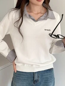 DAZY 女士格子撞色韩版长袖英式刺绣休闲毛衣，秋冬 - 白色 - 查看 1