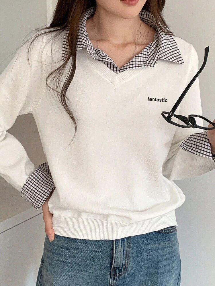 Women's Plaid Contrast Color Korean Style Long Sleeve English Embroidery Casual Sweater, Autumn/Winter