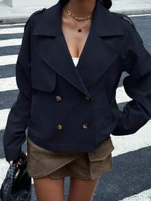 Muchica Chaqueta corta de gabardina azul marino tejida para mujer, de doble botonadura con solapa y mangas extra largas regulares, con bolsillos funcionales, blazer corto, chaqueta blazer para mujer, chaqueta de vestir, blazer de otoño e invierno, blazer de verano para mujer - Azul Marino - Ver 5