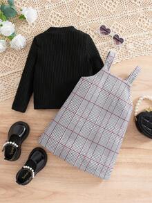 SHEIN Babygirl Elegant Matching Mother-Daughter Outfits, Plaid Sleeveless Dress & Long Sleeve Knit Top Set Fall Winter - Black - View 3