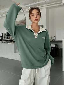 DAZY Contrast Trim Letter Applique Pullover Sweatshirt Fall/Winter - Mint Green - View 8