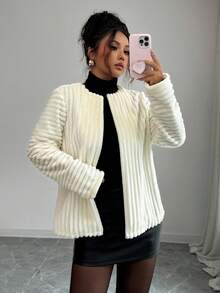 Elenzga 25-30+ 休闲聚会秋冬条纹毛绒圆领长袖优雅女士夹克 - 杏色 - 查看 4