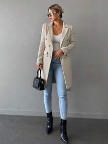 RueChic Lapel Neck Double Breasted Overcoat, Ladies Late Fall Elegant Double Button Regular Sleeve Lapel Regular Fit Apricot Plain Women Overcoats, Casual Daily Wear - Apricot - View 3