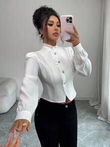 Elenzga 女式优雅荷叶边领长袖修身短款衬衫，春秋 - 白色 - 查看 4