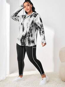 Easithlete Große Größen Batik Schwarz & Weiß Langarm Top & minimalistischer langer Sporthose Anzug