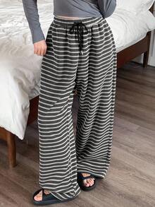 DAZY 女士舒适条纹拉绒宽松睡裤，秋冬款 - 灰色 - 查看 4