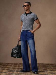 AKNOTIC Men's Casual Slim Fit Solid Color Straight Leg Slightly Flared Jeans, Suitable For Summer, Vacation, Daily Wear, Party, Couple, Men's Gift, Graduation Gift - Dark Wash - View 5