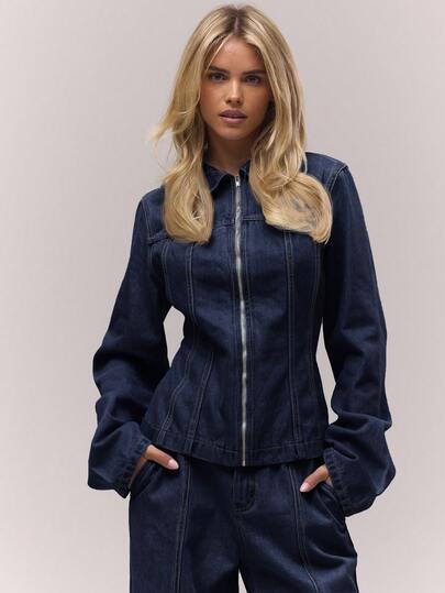 MUSERA Washed Bleached Denim Paneled Zip Down Collared Jacket Only Fall Autumn Old Money Cute Country Cottage Core Back To School Casual Lounge Jacket For Women Butterscotch  Chic