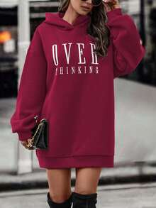 EMERY ROSE 休闲字母印花连帽长款卫衣，秋冬 - 酒紅色 - 查看 3