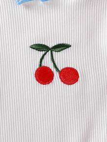 SHEIN Vintaside Kids 女婴优雅甜美樱桃连体衣和格子樱桃印花裤套装 - 藍色 - 查看 4