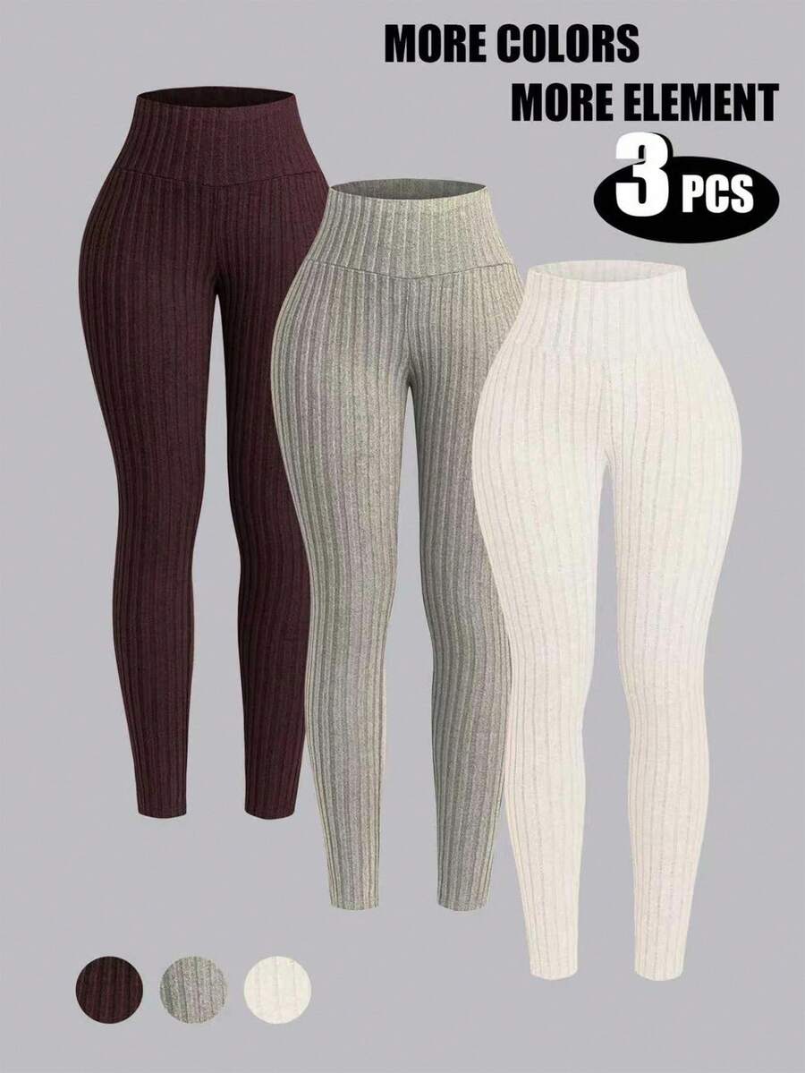 Airaco 3pcs/Set Solid Color Ribbed Leggings For Women - Multicolor - View 1