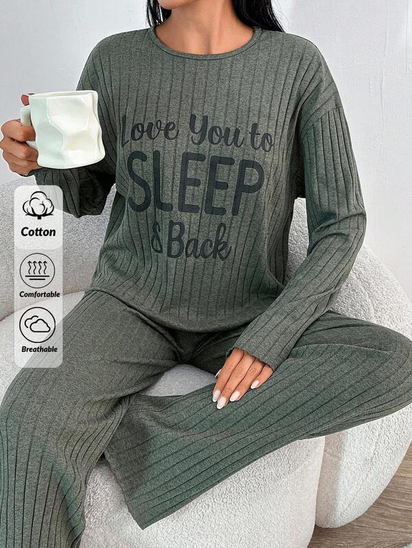 Liebe dich bis zum Schlaf und zurück gerippter Pyjama-Set - Gemütliche Langarm-Loungewear für süße Träume