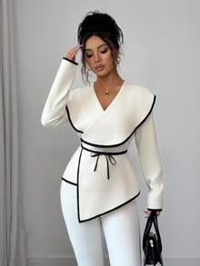 Elenzga Women's Cross V-Neck Long Sleeve Fitted Waist Tie-Up Contrast Color Splice Elegant Blouse