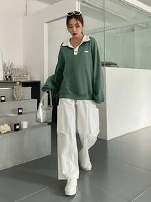 DAZY Contrast Trim Letter Applique Pullover Sweatshirt Fall/Winter - Mint Green - View 4