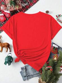 SHEIN EZwear 圣诞节休闲宽松圣诞快乐和圣诞帽印花红色圆领短袖女式T恤，适合夏季套头衫 - 紅色 - 查看 2
