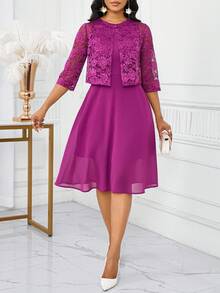 SHEIN Lady 女士优雅纯色蕾丝无袖上衣和连衣裙两件套，夏季生日和活动礼服/办公室礼服/教堂礼服/婚礼礼服/节日礼服/ - 紫色 - 查看 9