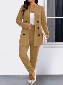 Elenzga 大码时尚商务双排扣西装套装（夹克和裤子） - 卡其色 - 查看 5