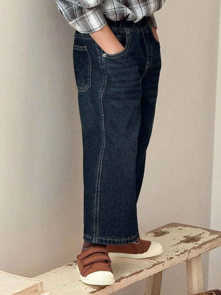 Young Boys Dark Wash Straight Leg Denim Jeans Long Pants, Autumn