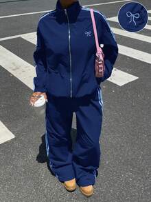 Muchica 女式条纹长袖青蓝色运动夹克和裤子休闲运动服套装 - 水鴨藍 - 查看 5