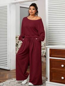 SHEIN EZwear 加大码纯色不对称领运动衫和运动裤两件套 - 酒紅色 - 查看 5