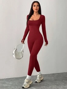 SHEIN PETITE 黑色针织方领紧身休闲运动瑜伽连体裤 女士运动服套装 健身服 女士套装 长袖运动套装 红色运动连体裤打底裤套装 女士运动服套装 红色运动套装 健身连体裤 - 酒紅色 - 查看 3