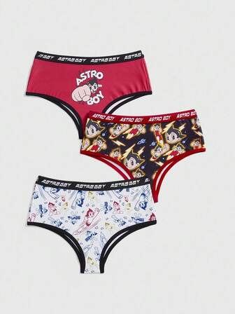 Astro Boy X ROMWE 3 pièces Culottes jacquard à motif de bandes dessinées amusantes et lettres pour femmes