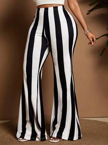 SHEIN CURVE+ Halloween Casual Elastic Waist Digital Print Striped Plus Size Flared Pants - Black and White - View 5