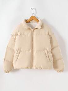 SHEIN 米色冬季辦公室青少年女孩編織立領寬鬆休閒口袋加厚外套，可愛青少年毛絨夾克秋季服飾 - 卡其色 - 查看 3