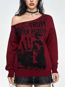 ROMWE Grunge Punk Suéter holgado de mujer con estampado de teñido anudado de esqueleto y hombros asimétricos, estilo vintage de festival de música