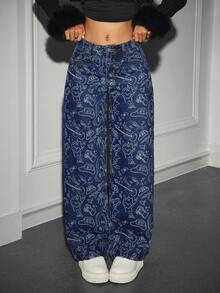 Jeanoix Jeans de mujer de pierna ancha con bolsillo y botones, estilo casual de calle - Azul - Ver 4