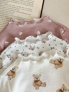 LMoss Kids 3 st stickat set med söta björnar och frukter för babyflicka, volangkrage och casual toppar