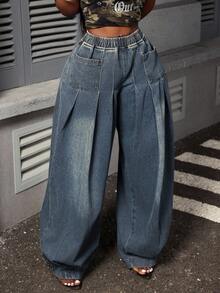 Slaydiva Quần jeans ống rộng xếp ly lưng thun co giãn cỡ lớn cho nữ - Màu xanh lam - Xem 6