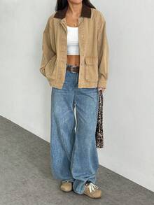 Elenzga Women's Casual Loose Fit Contrast Color Lapel Raglan Sleeve Denim Jacket, Autumn - Khaki - View 3