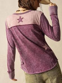 Bohemela Áo thun nữ tay dài dệt kim chắp vá thông thường - Màu đỏ tím - Xem 2