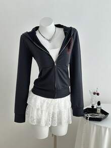 Elamini 秋季性感复古印花修身收腰短款女式卫衣 - 深灰色 - 查看 5