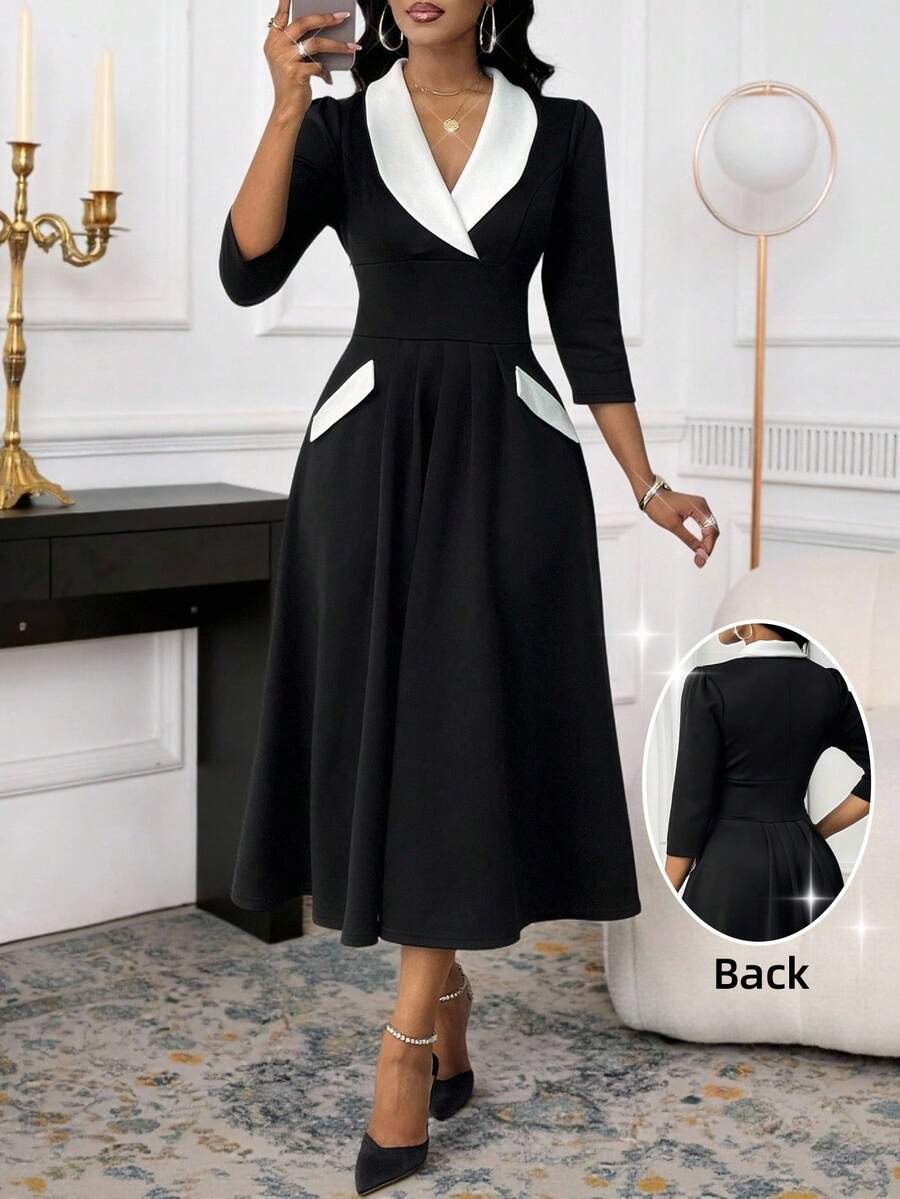 SHEIN Lady Robe élégante et pour femmes avec col châle et manches 3/4 de couleur contrastée - Noir et Blanc - Voir 1