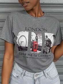 Slaydiva Áo thun cổ tròn tay ngắn có in chữ và phong cảnh cho trang phục thường ngày mùa hè Take Me To London METROPOLIS thời trang và nhộn nhịp Áo thun nữ - Xám - Xem 3