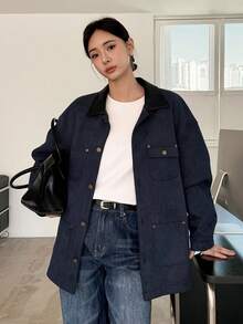 DAZY Women's Suede Jacket With PU Leather Collar, Loose Fit Long Sleeve Casual Jacket Women Coats - Navy Blue - View 3