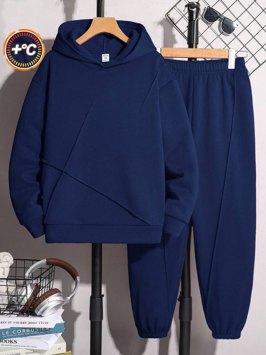 SHEIN 2pcs Tween Boy Hooded Sweatshirt And Sweatpants Set, All-Match Style Suitable For Autumn And Winter - Navy Blue - View 1